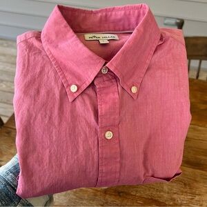 Peter Millar Men’s Long Sleeve Button Down Cotton Linen Spandex Shirt Pink L